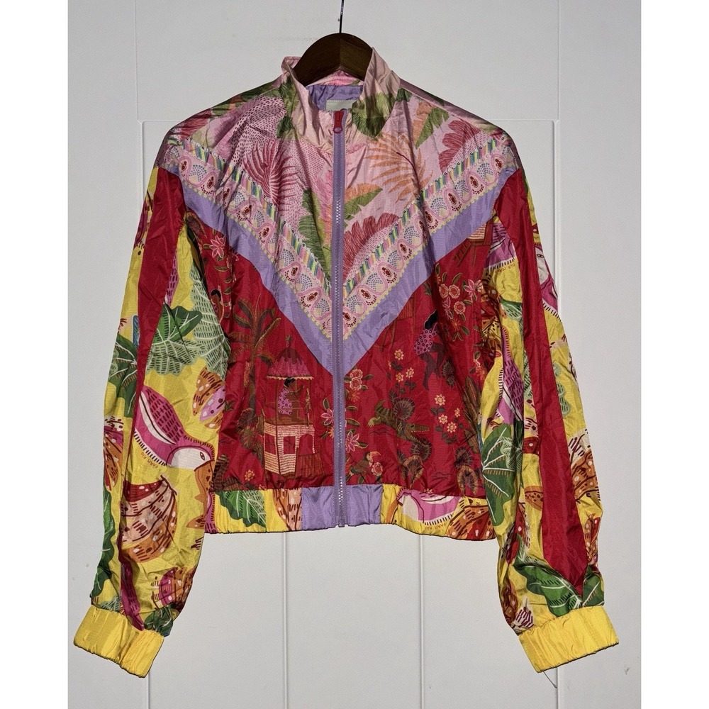 Farm Rio Mixed Scarf Print Windbreaker Jacket S NWOT Boho Colorblock Zip Up